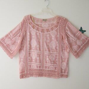 Democracy Coral Watercolor Panels Bohemian Embroidery Lace Blouse Size M